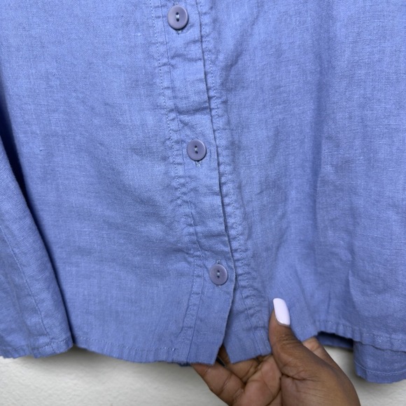 Flax Women 100% Linen Button Front Long Sleeve Blouse Top Blue Petite Lagenlook - Picture 3 of 8